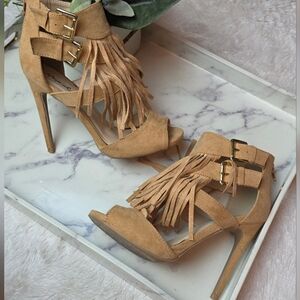 QUPID Tan Camel Fringe Open Toe Heels Going Out Party Size 6.5